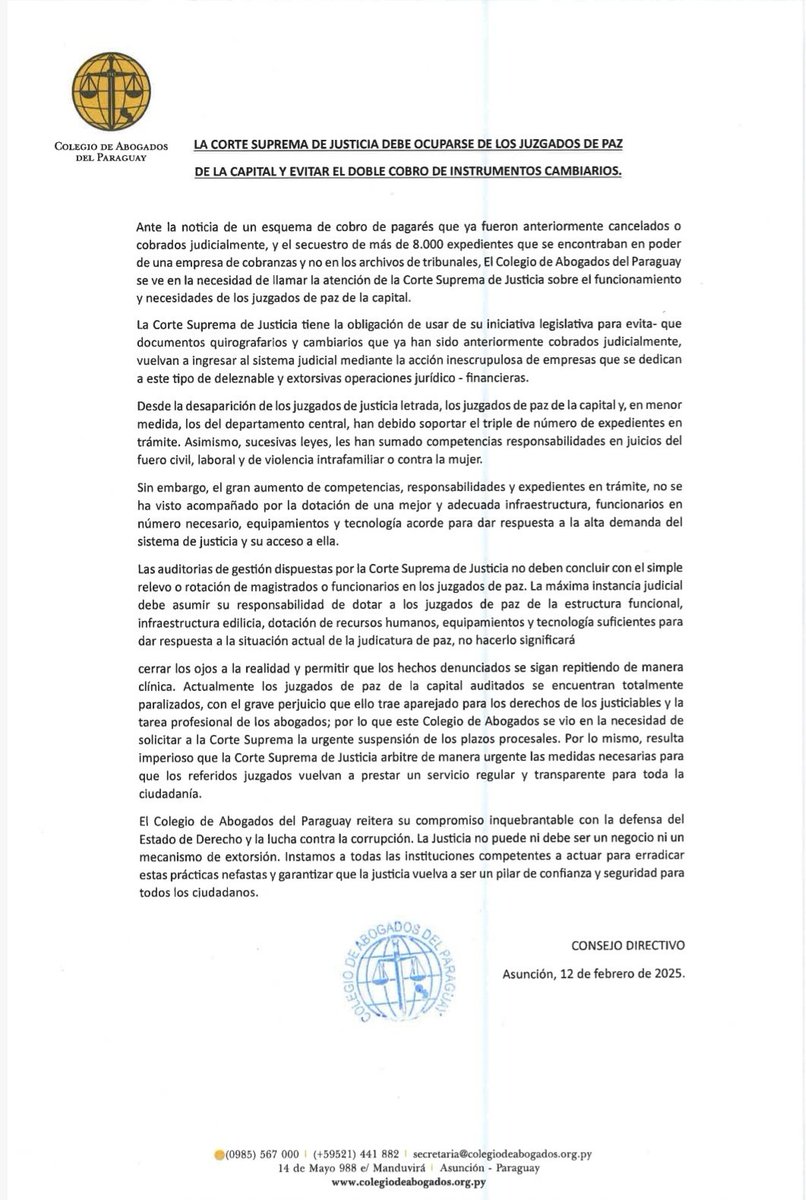 CAP_py's tweet image. La CSJ debe velar por el buen funcionamiento de los Juzgados de Paz.