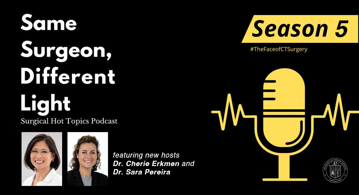 The Society of Thoracic Surgeons (@sts_ctsurgery) on Twitter photo Catch the season 5 premiere of Same Surgeon, Different Light with new hosts Drs. Cherie Erkmen & <a href="/saraj_pereira/">Sara Pereira MD</a>! Tune in as they chat with former hosts Drs. <a href="/DavidTCookeMD/">Dr David Tom Cooke</a> & <a href="/TomVargheseJr/">Tom Varghese Jr. MD, MS, MBA, FACS, MAMSE 🇺🇸</a> about memorable interviews from past seasons. ow.ly/6Bx950UY3yK #TheFaceofCTsurgery Catch the season 5 premiere of Same Surgeon, Different Light with new hosts Drs. Cherie Erkmen & <a href="/saraj_pereira/">Sara Pereira MD</a>! Tune in as they chat with former hosts Drs. <a href="/DavidTCookeMD/">Dr David Tom Cooke</a> & <a href="/TomVargheseJr/">Tom Varghese Jr. MD, MS, MBA, FACS, MAMSE 🇺🇸</a> about memorable interviews from past seasons. ow.ly/6Bx950UY3yK #TheFaceofCTsurgery