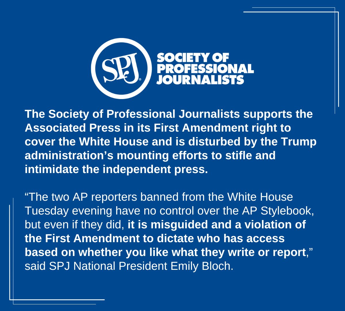 Society of Professional Journalists (@spj_tweets) on Twitter photo SPJ supports <a href="/AP/">The Associated Press</a> in its First Amendment right to cover the White House and is disturbed by the Trump administration’s mounting efforts to stifle and intimidate the independent press.
Read the full statement: spj.org/spj-backs-ap-r… SPJ supports <a href="/AP/">The Associated Press</a> in its First Amendment right to cover the White House and is disturbed by the Trump administration’s mounting efforts to stifle and intimidate the independent press.
Read the full statement: spj.org/spj-backs-ap-r…