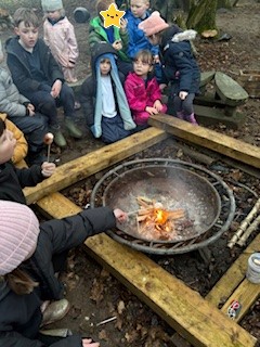 NectonFS's tweet image. A fire with smores to end our Forest club this term. A relaxed and creative atmosphere, reflecting on our time in this space so far. A sense of contentment runs through the group with conversations around the fire to sweet marshmallow smiles.