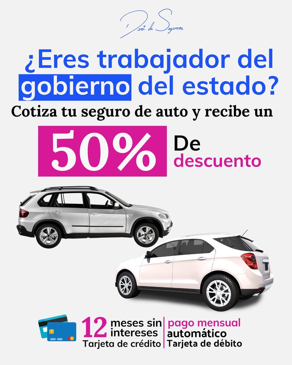 danideseguros's tweet photo. 🚗 ¿Eres trabajador del gobierno del estado?
Aprovecha esta increíble oportunidad:
✅ 50% de descuento en tu seguro de auto.
✅ Paga con tarjeta de crédito a 12 meses sin intereses.

📩 Cotiza hoy mismo y aprovecha este beneficio exclusivo. https://t.co/71PbjdNFPA