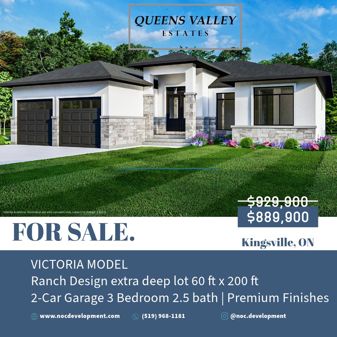 NOCDevelopment's tweet image. New bungalow style detached homes with your perfect backyard oasis in Kingsville ON. 3 bedroom, 2.5 bathrooms, kitchen and open concept dining, living and family room total of 2000 sq.ft. all in one floor! 

🏡Open house this Sunday 1-3 pm.
📍1913 Dolce Vita Ave, Kingsville ON