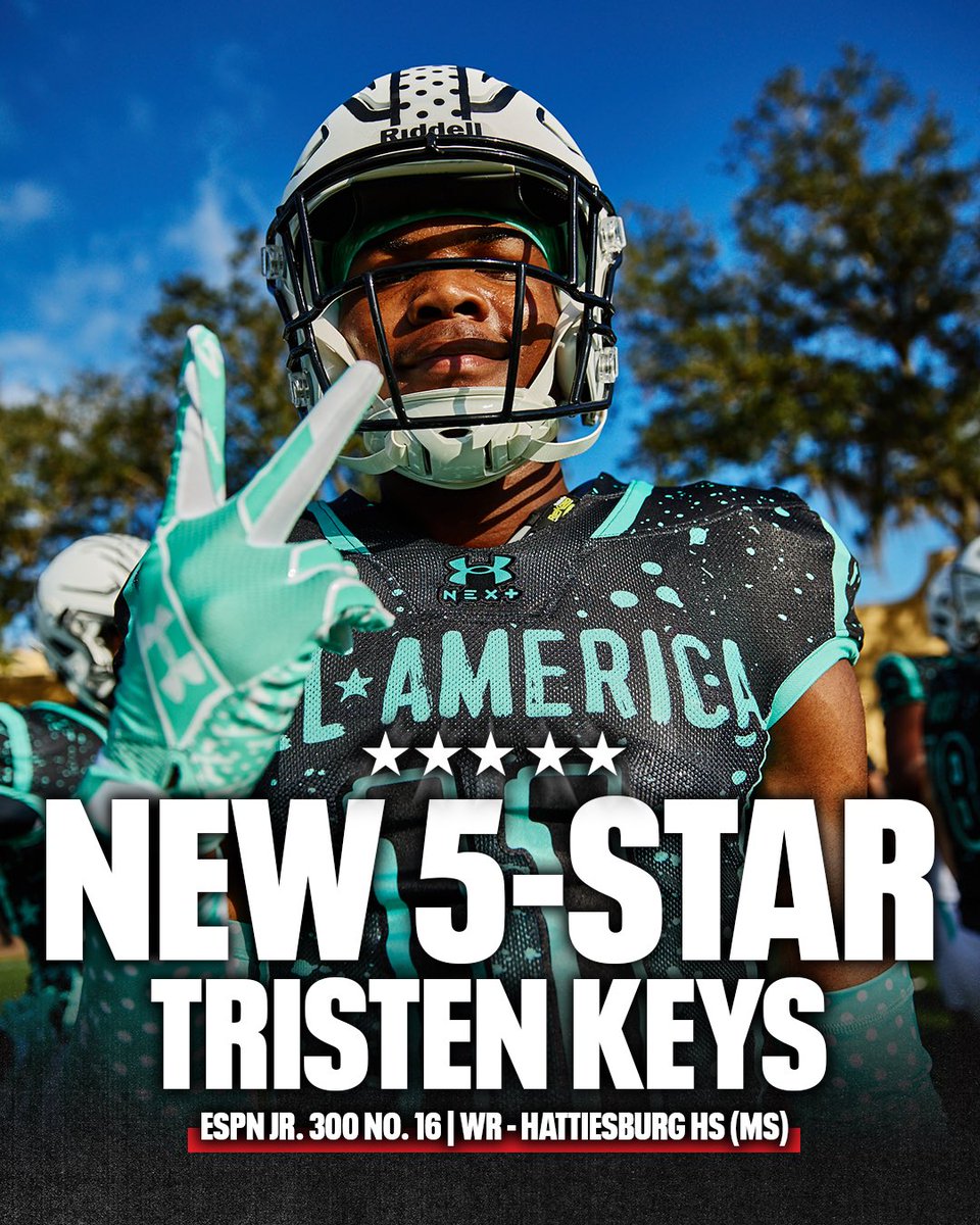 Billy Tucker (@theucreport) on Twitter photo TK5-star ⭐️ <a href="/Tkgot5/">Tristen(TK5)Keys 5⭐️</a>
Tristen Keys picked up his fifth star in the ESPN Jr. 300 update. A standout at the Under Armour All-America game, Keys now ranks as the No. 2 wideout in the 2026 class. Elite talent 🔥
espn.com/college-footba… TK5-star ⭐️ <a href="/Tkgot5/">Tristen(TK5)Keys 5⭐️</a>
Tristen Keys picked up his fifth star in the ESPN Jr. 300 update. A standout at the Under Armour All-America game, Keys now ranks as the No. 2 wideout in the 2026 class. Elite talent 🔥
espn.com/college-footba…
