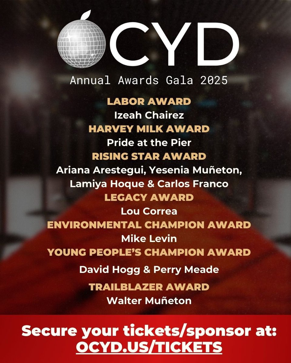 You’re cordially invited to…OCYD’s Annual Awards Gala 2025! 🪩 Join us at the Norma Hertzog Community Center on Friday, February 21st @ 7PM. 

Secure your tickets or sponsor at OCYD.us/tickets ✨THEME: Red Carpet 💃