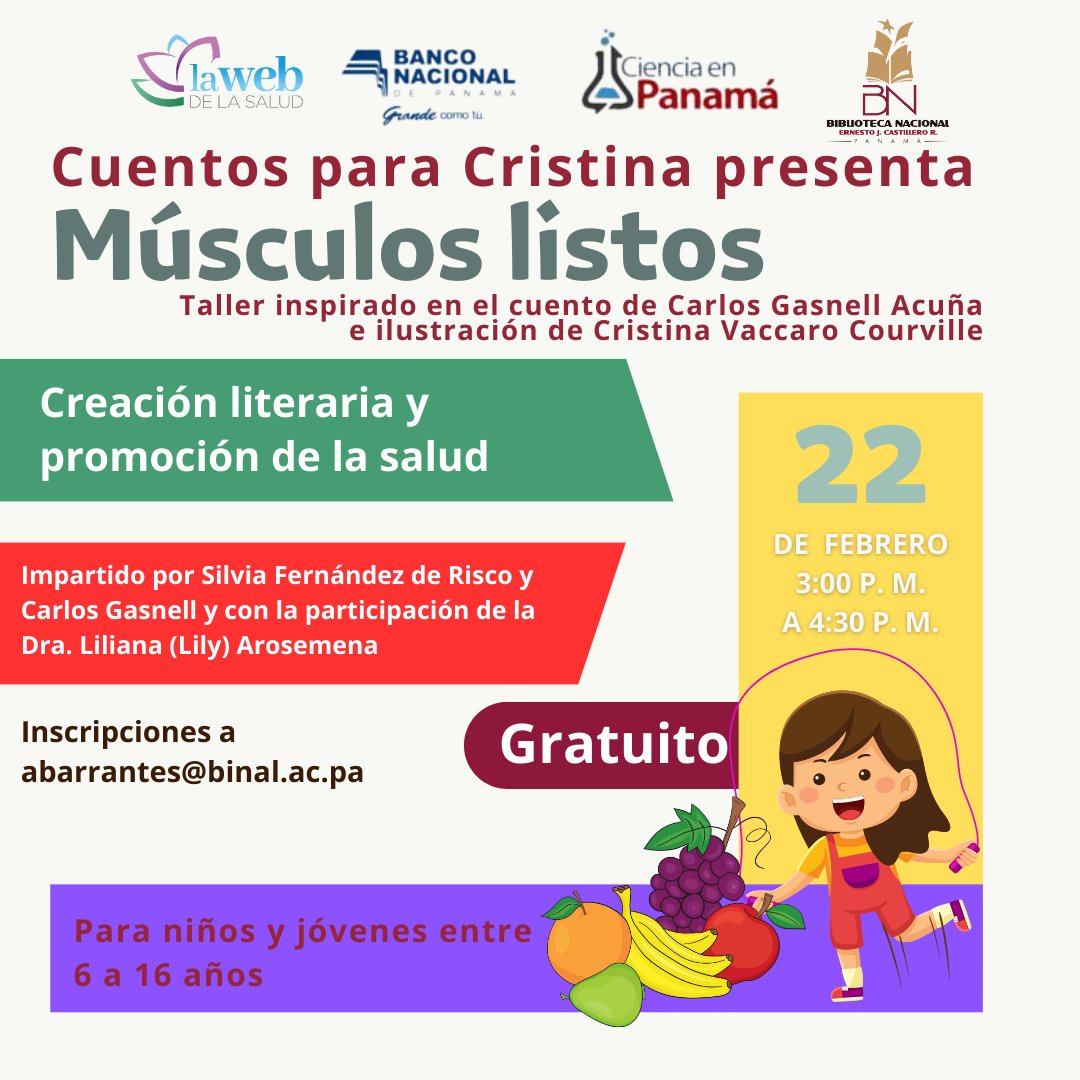 Taller gratuito, literario y de salud, Músculos Listos en la Binal: sábado 22 de febrero
<a href="/negrita73bn/">Ivonne Torres-Atencio</a> <a href="/memoriaysalud/">Memoria y Salud: PARI-HD</a> <a href="/CienciaPTY/">Ciencia En Panamá   #CienciaEnPanamá</a> <a href="/banconalpa/">BancoNacionalPA</a> <a href="/BinalPanama/">Biblioteca Nacional</a> <a href="/memoriaysalud/">Memoria y Salud: PARI-HD</a> <a href="/kavac71/">Dra. Karen Courville</a> <a href="/silferis/">Silvia FerRisco</a> 
lawebdelasalud.com/taller-gratuit…