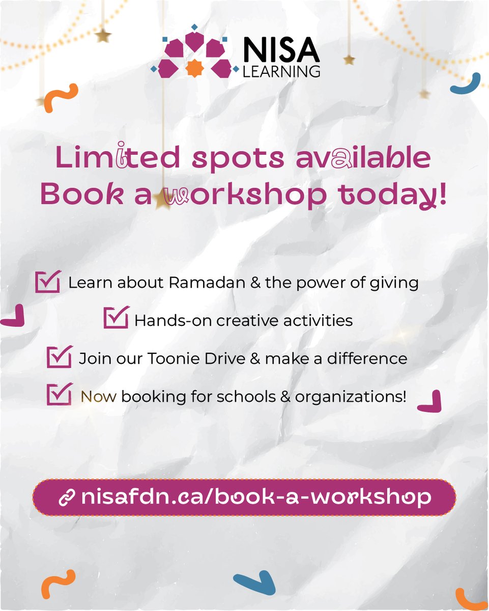 Nisa Foundation’s Little Ramadan Heroes workshop helps kids learn about Ramadan, generosity, and the power of giving through fun, hands-on activities.

Plus, they’ll take part in our Toonie Drive to help families in need!

Reach out to us!

🔗 nisafdn.ca/book-a-workshop