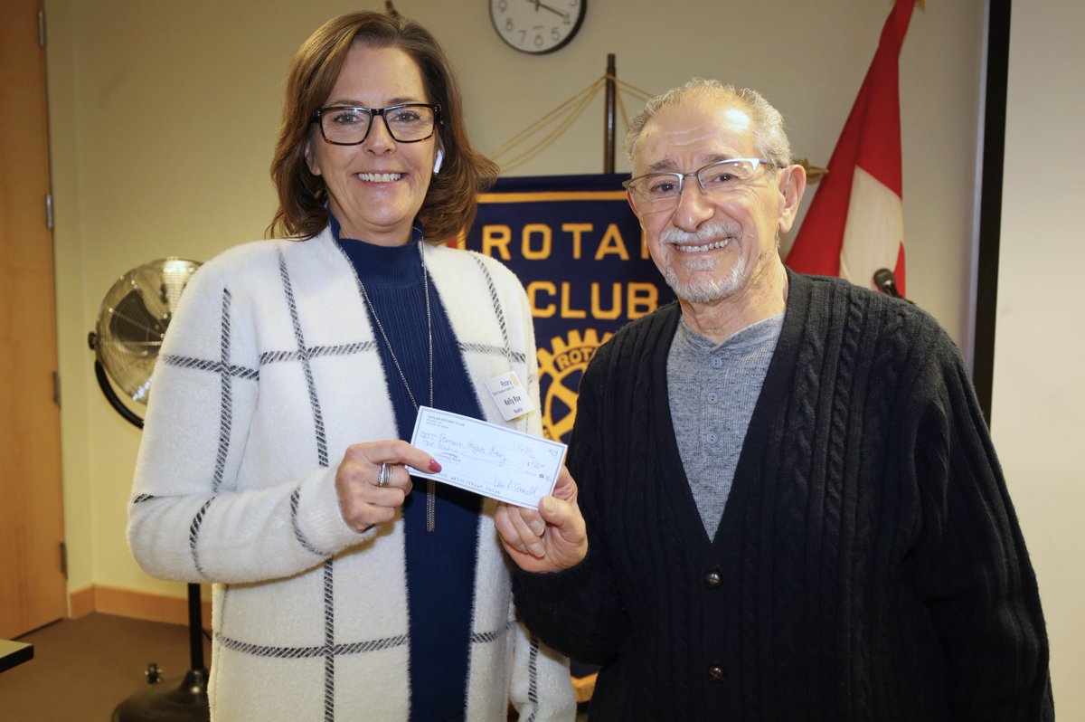 DearHtsRotary's tweet photo. Today, we welcomed Stephanie Campeau and Kaylie Globke for a fascinating look at the @GordieHoweBrg.  Our other special guest was Taylor Rotarian Armando Sardanopoli, who presented President Elect Kelly Roe with a check for our recent food drive for Fish &amp; Loaves.
#Rotary https://t.co/NkYVgbGBTa