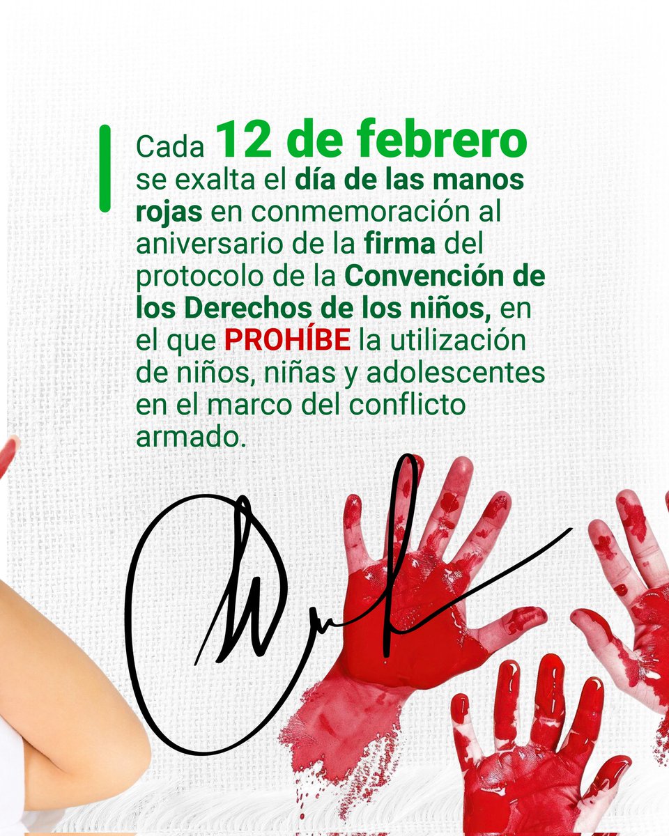 OrgPajonales's tweet photo. 🛑✋ En el Día de las Manos Rojas, alzamos la voz contra el reclutamiento de niños, niñas y adolescentes en conflictos armados. 

¡Construyamos un futuro en paz! 

.
.

#derechoshumanos #diadelasmanosrojas #paz https://t.co/NZ09yxJe9g