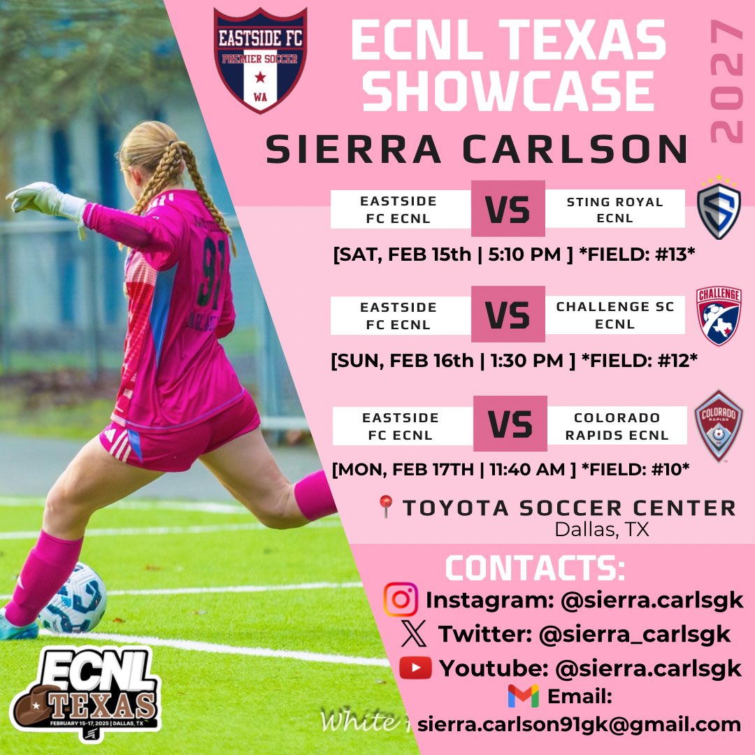 Sierra Carlson | ECNL 2027🧤 (@sierra_carlsgk) on Twitter photo Headed to #ECNLTX this upcoming weekend! Hope to see you at one of my games! 🌵🤠
<a href="/ECNLgirls/">ECNL Girls</a> <a href="/WestCoastGK/">West Coast GK</a> <a href="/PrepSoccer/">Prep Soccer ⚽️</a>
<a href="/TopDrawerSoccer/">TopDrawerSoccer</a> <a href="/ImYouthSoccer/">ECNL/GA/Recruiting/College Soccer</a>
<a href="/TheSoccerWire/">SoccerWire</a> <a href="/KeeperKlips/">YouthKeeperKLIPS</a> <a href="/ugkalliance/">@unitedgkalliance</a> Headed to #ECNLTX this upcoming weekend! Hope to see you at one of my games! 🌵🤠
<a href="/ECNLgirls/">ECNL Girls</a> <a href="/WestCoastGK/">West Coast GK</a> <a href="/PrepSoccer/">Prep Soccer ⚽️</a>
<a href="/TopDrawerSoccer/">TopDrawerSoccer</a> <a href="/ImYouthSoccer/">ECNL/GA/Recruiting/College Soccer</a>
<a href="/TheSoccerWire/">SoccerWire</a> <a href="/KeeperKlips/">YouthKeeperKLIPS</a> <a href="/ugkalliance/">@unitedgkalliance</a>