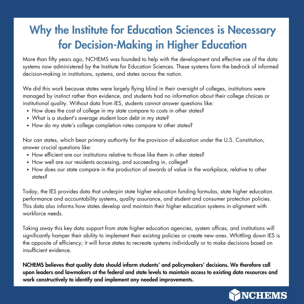 NCHEMS (@nchemstweets) on Twitter photo Students, institutions, and states rely on data from <a href="/IESResearch/">IES Research</a> to make informed decisions. Weakening IES means less transparency and potentially weaker policies. Leaders must protect these vital resources. See NCHEMS’ full response below. #HigherEd #DataMatters Students, institutions, and states rely on data from <a href="/IESResearch/">IES Research</a> to make informed decisions. Weakening IES means less transparency and potentially weaker policies. Leaders must protect these vital resources. See NCHEMS’ full response below. #HigherEd #DataMatters