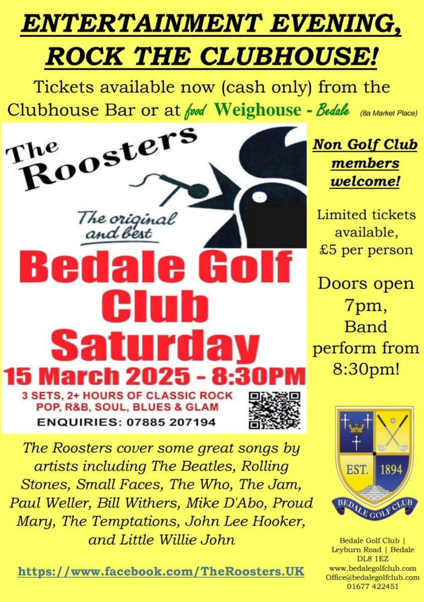 *ROCK THE CLUBHOUSE*
We look forward to welcoming The Roosters on Saturday 15th March! Tickets available now! 🎸 🥁 🎤