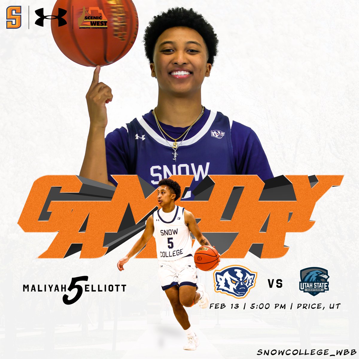 🏀GAME DAY!🏀
🆚: <a href="/USUEAthletics/">Utah State Eastern Athletics</a> 
📍: Price, Utah | Bunnell-Dmitrich Athletic Center
⏰: 5:00 p.m.
📺: bit.ly/SWACDigNet
📻: bit.ly/MidUtahRadio
📊: bit.ly/SnowWBBStats