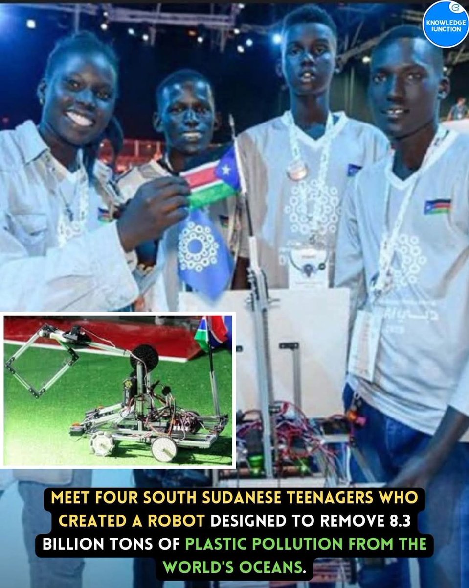 A group of teenagers from South Sudan, including Adau Deng Kuol and James Madut, created a robot called Ramceil Botics to help clean plastic waste from water. They presented their invention at the First Global Challenge in Dubai, where they competed against 1,500 students from