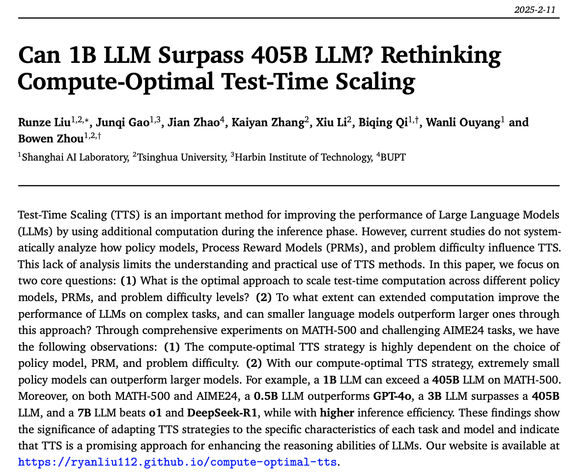askalphaxiv's tweet photo. Trending on alphaXiv today: 

A 1B model just beat a 405B model at math reasoning by sampling 512 solutions and using learned verifiers to pick the best one 🚀

Not magic -- performance is highly task-dependent and requires careful pairing of models with verification strategies. But a cool result nonetheless demonstrating just how far optimized inference can take us.
