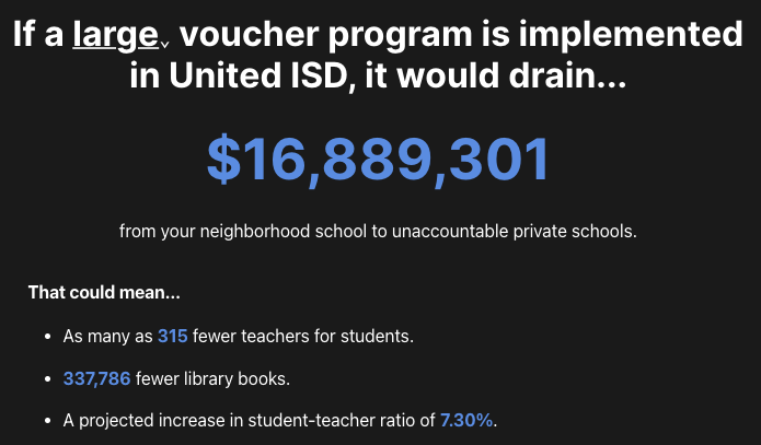 BrendaCruzTX's tweet photo. Greg Abbott gave our schools $0 in new funding for 4 years. Now he wants to take away millions more.
Here’s how much we’d lose in United ISD — find yours at https://t.co/MTgXib5cYj #txlege https://t.co/uqFp7G0x5c