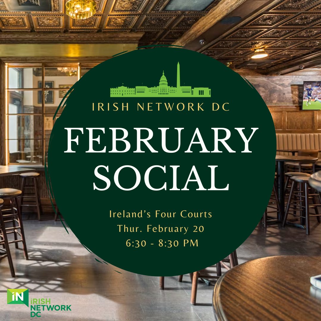 Irish Network DC (@irishnetworkdc) on Twitter photo ❄️ Snowed in? Time to thaw out with great company! ☘️ Irish Network DC’s monthly social is just around the corner. After all this snow, we could all use a warm pub, good conversation, and maybe a pint or two!
📅 Thursday, February 20
📍 <a href="/irelands4courts/">Irelands Four Courts</a>
⏰ 6:30-8:30 PM ❄️ Snowed in? Time to thaw out with great company! ☘️ Irish Network DC’s monthly social is just around the corner. After all this snow, we could all use a warm pub, good conversation, and maybe a pint or two!
📅 Thursday, February 20
📍 <a href="/irelands4courts/">Irelands Four Courts</a>
⏰ 6:30-8:30 PM
