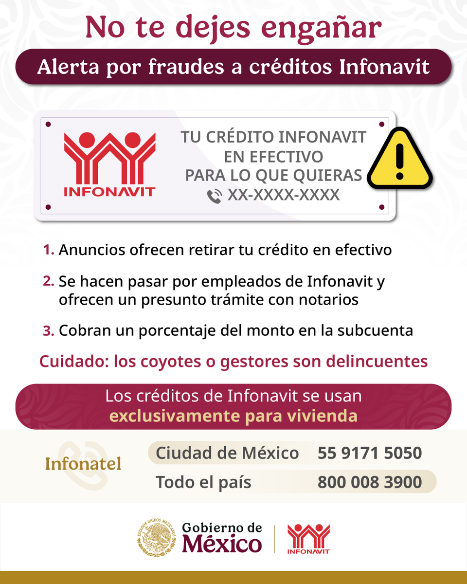 GobiernoMX's tweet photo. 🚨 ¡Cuidado! Presuntos trabajadores de @Infonavit ofrecen la entrega en efectivo de tu crédito Infonavit. Esto es un delito. 

El recurso de la subcuenta sólo puede emplearse para compra de vivienda. https://t.co/gjUjkYccyp