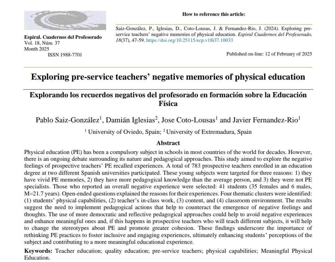 Pablo Saiz-González (@saizgonzalezp) on Twitter photo 📢 How do negative memories shape perceptions of PE? Our study explores pre-service teachers' experiences and the need to rethink some PE practices. Thanks <a href="/damiglesiasg/">Damián Iglesias</a>, <a href="/josecoto_/">Dr. Jose Coto-Lousas</a> and <a href="/javier_rio1/">Javier Fernández-Río</a>!
📎 Full access 🇪🇸🇬🇧: ojs.ual.es/ojs/index.php/… 📢 How do negative memories shape perceptions of PE? Our study explores pre-service teachers' experiences and the need to rethink some PE practices. Thanks <a href="/damiglesiasg/">Damián Iglesias</a>, <a href="/josecoto_/">Dr. Jose Coto-Lousas</a> and <a href="/javier_rio1/">Javier Fernández-Río</a>!
📎 Full access 🇪🇸🇬🇧: ojs.ual.es/ojs/index.php/…