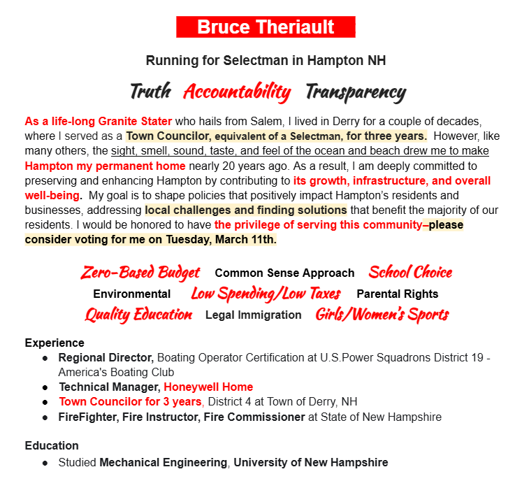 GopHampton's tweet photo. Tues3/11,VOTE4 BRUCE THERIAULT #hamptonnh #budget #hamptonbeachnh #rockinghamcountynh #nhpolitics #seacoastnh #veterans #townelection #livefreeordie #NHGOP #NH01 #FaithJourney #liberty #doge #dogegov #TrumpAdministration #zerobasedbudget #MAGA #newhampshire #nheducation #usa #tbt https://t.co/2pBhSgqDRu