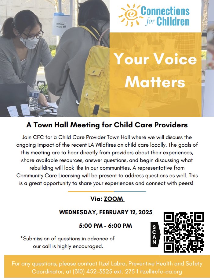 Child Care Alliance of LA (@ccalliancela) on Twitter photo 📢 Calling all #ChildCare providers! Join <a href="/CFCforchildcare/">Connections for Children</a> for a #TownHall as they discuss the impact of the recent #LAWildfires on programs. A Community Care Licensing rep will be present to address concerns. Don’t miss this important conversation! Check out the flyer ☝️ 📢 Calling all #ChildCare providers! Join <a href="/CFCforchildcare/">Connections for Children</a> for a #TownHall as they discuss the impact of the recent #LAWildfires on programs. A Community Care Licensing rep will be present to address concerns. Don’t miss this important conversation! Check out the flyer ☝️