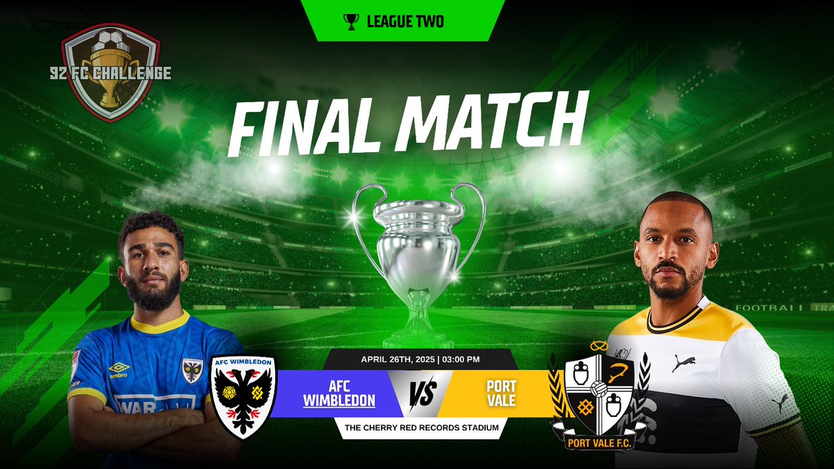92FCChallenge (@92fcchallenge) on Twitter photo Final match of the current 92.
AFC Wimbledon Vs Port Vale
26 April 2025
Looking forward to this memorable match and enjoying completing this challenge.
<a href="/AFCWimbledon/">AFC Wimbledon</a> <a href="/OfficialPVFC/">Port Vale Football Club</a> Final match of the current 92.
AFC Wimbledon Vs Port Vale
26 April 2025
Looking forward to this memorable match and enjoying completing this challenge.
<a href="/AFCWimbledon/">AFC Wimbledon</a> <a href="/OfficialPVFC/">Port Vale Football Club</a>