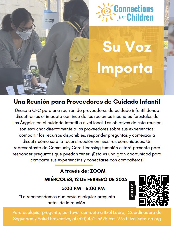Child Care Alliance of LA (@ccalliancela) on Twitter photo 📢 ¡Llamando a todos los proveedores de #cuidadoinfantil! Únase a <a href="/CFCforchildcare/">Connections for Children</a> para un #TownHall para discutir el impacto de los recientes fuegos en los programas. Un representante de Community Care Licensing estará presente para abordar sus inquietudes. Mira el folleto ☝️ 📢 ¡Llamando a todos los proveedores de #cuidadoinfantil! Únase a <a href="/CFCforchildcare/">Connections for Children</a> para un #TownHall para discutir el impacto de los recientes fuegos en los programas. Un representante de Community Care Licensing estará presente para abordar sus inquietudes. Mira el folleto ☝️