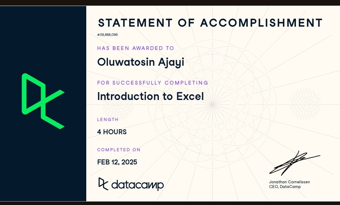 pistis2406's tweet image. I just finished the course &apos;introduction to excel&apos; on data camp. I familiarised myself, worked with tables, managed datas, applied aggregate functions and visualised data.
#30DaysofDatachallenge
#DcDonates
#DCA
#DatafestAfrica
@DataFestAfrica 
@DataCampDonates