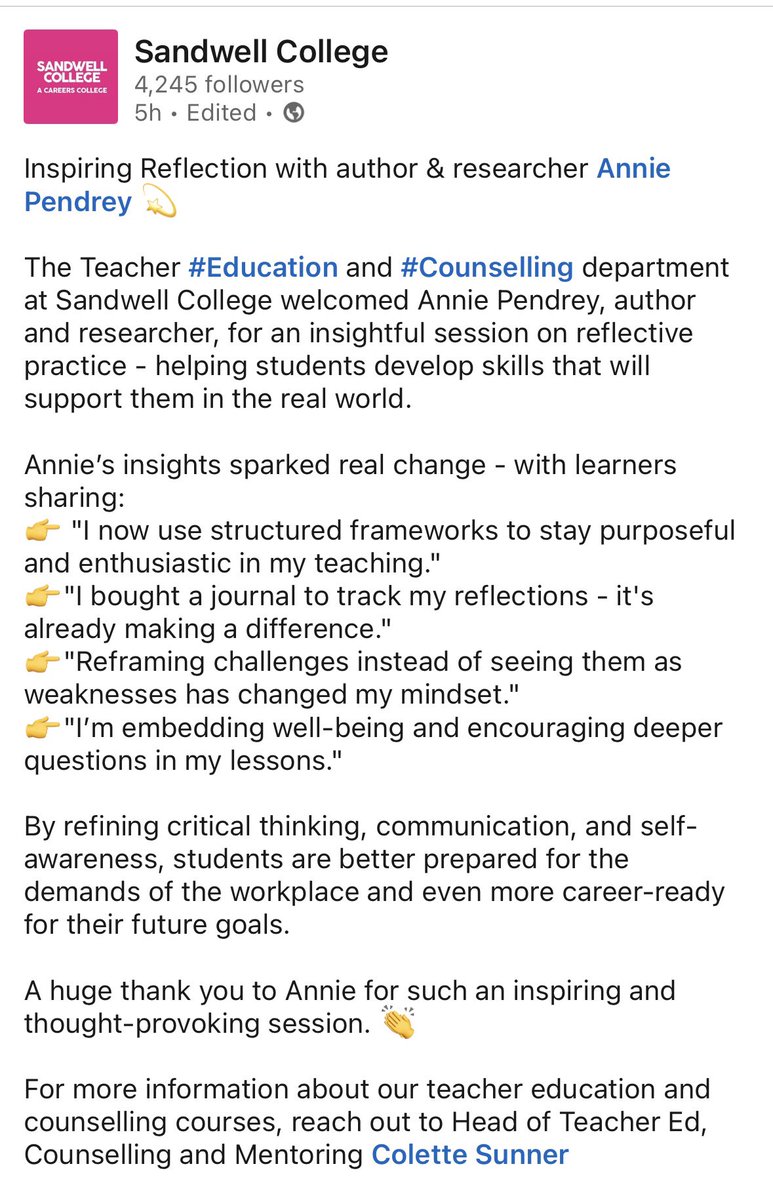 Wonderful,wonderful feedback from my visit to <a href="/sandwellcollege/">Sandwell College</a> 

The college where I started my FE journey at 16 years of age x