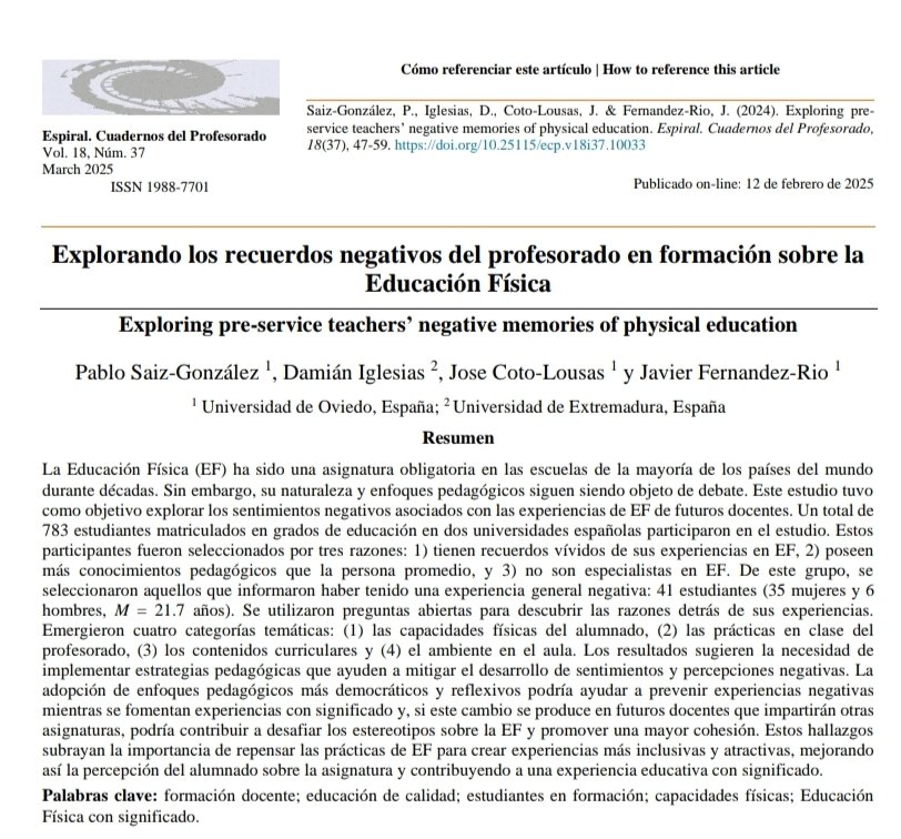 Pablo Saiz-González (@saizgonzalezp) on Twitter photo 📢 ¿Cómo influyen los recuerdos negativos en la percepción de la EF? Nuestro estudio explora las experiencias de futuros docentes y la necesidad de repensar algunas prácticas en EF. ¡Gracias, <a href="/damiglesiasg/">Damián Iglesias</a>, <a href="/josecoto_/">Dr. Jose Coto-Lousas</a> y <a href="/javier_rio1/">Javier Fernández-Río</a>!
Acceso completo 🇪🇸🇬🇧: ojs.ual.es/ojs/index.php/… 📢 ¿Cómo influyen los recuerdos negativos en la percepción de la EF? Nuestro estudio explora las experiencias de futuros docentes y la necesidad de repensar algunas prácticas en EF. ¡Gracias, <a href="/damiglesiasg/">Damián Iglesias</a>, <a href="/josecoto_/">Dr. Jose Coto-Lousas</a> y <a href="/javier_rio1/">Javier Fernández-Río</a>!
Acceso completo 🇪🇸🇬🇧: ojs.ual.es/ojs/index.php/…