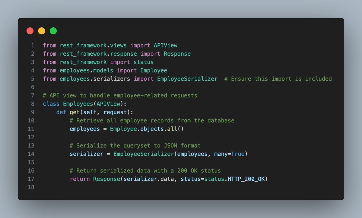 AsileAyuba's tweet image. Day 43 of my 100 Days of Coding Challenge:
Today, I explored Class-Based Views (CBVs) for Getting All Employees in Django REST Framework.

#100DaysOfCode #DjangoRestFramework #ClassBasedViews #Python