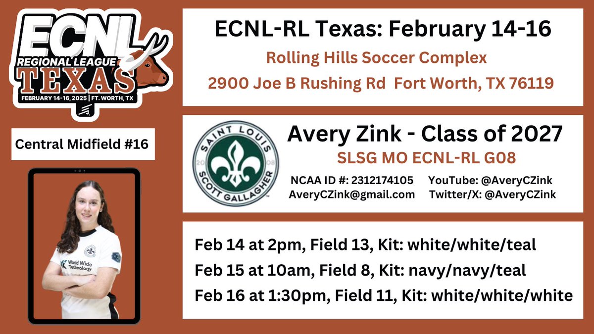 One last showcase for the season!! Super excited for Texas with my favorite girls!!
<a href="/ImYouthSoccer/">ECNL/GA/Recruiting/College Soccer</a> 
<a href="/ECNLgirls/">ECNL Girls</a> 
<a href="/ImCollegeSoccer/">College Soccer Truth ™</a> 
<a href="/SLSGSoccerClub/">Scott Gallagher Soccer Club</a>