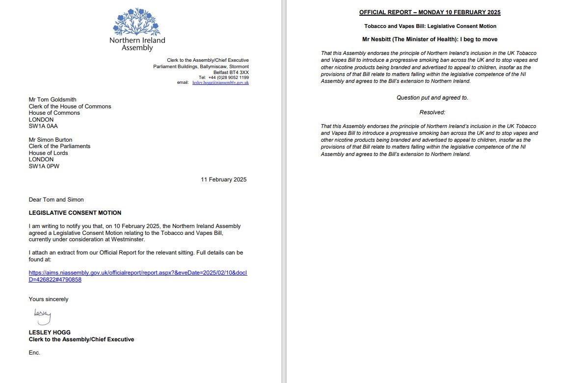 🚭The Northern Ireland Assembly had agreed the Legislative Consent Motion relating to the Tobacco and Vapes Bill #Smokefreeuk