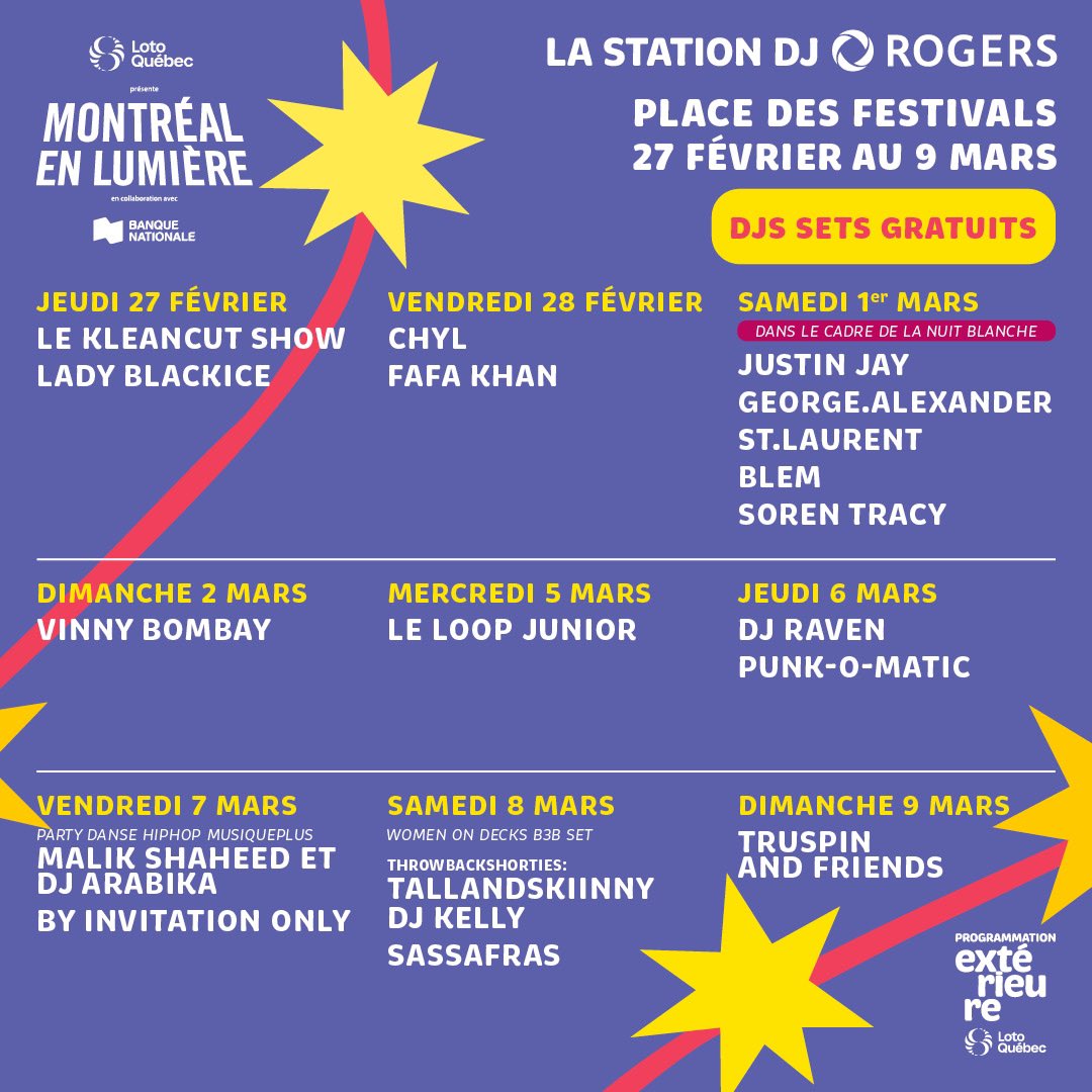 L’horaire du DJ Booth <a href="/Rogers/">Rogers</a> est là! 🎧❄️

Venez vous réchauffer et danser avec nous tout le long du festival🙌

💻 montrealenlumiere.com

The <a href="/Rogers/">Rogers</a> DJ booth schedule is here! 🎧❄️

Come warm up and dance with us throughout the festival 🙌