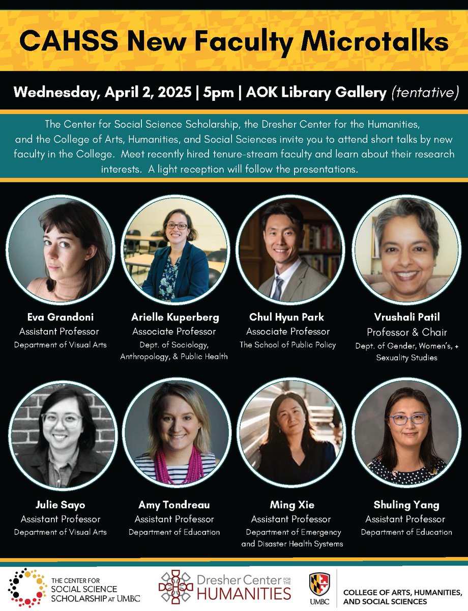 UMBC Center for Social Science Scholarship (@umbcsocsci) on Twitter photo The CAHSS New Faculty Microtalks event originally planned for tonight, 2/12, has been RESCHEDULED!
Wed, 4/2 · 5pm
<a href="/UMBCLibrary/">UMBC Library</a>: Gallery - tentative
Please mark your calendars for the new date.
my3.my.umbc.edu/groups/csss/ev… The CAHSS New Faculty Microtalks event originally planned for tonight, 2/12, has been RESCHEDULED!
Wed, 4/2 · 5pm
<a href="/UMBCLibrary/">UMBC Library</a>: Gallery - tentative
Please mark your calendars for the new date.
my3.my.umbc.edu/groups/csss/ev…