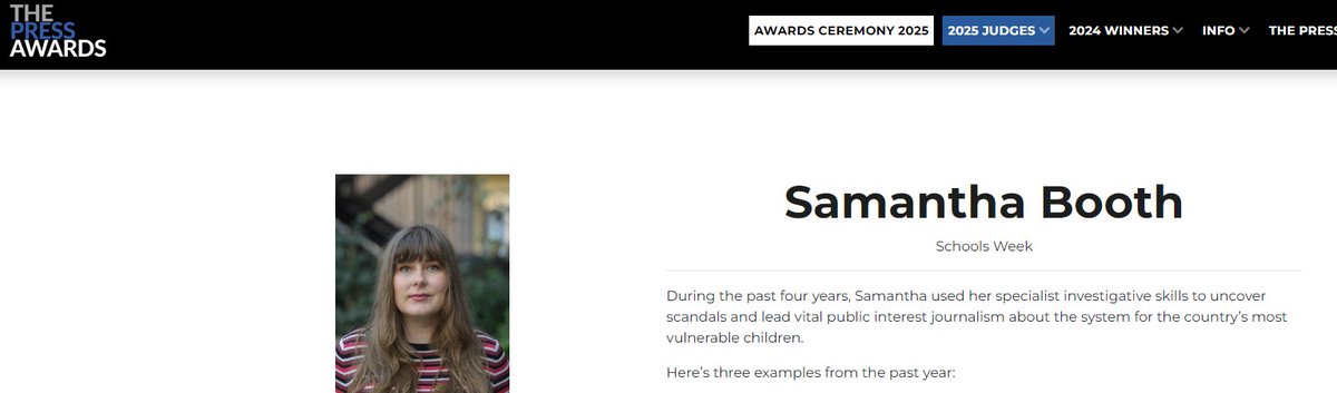 John Dickens (@johndickenssw) on Twitter photo SO proud <a href="/samanthajbooth/">Samantha Booth</a> has been shortlisted for specialist journalist of the year at <a href="/PressAwardsuk/">The Press Awards</a>
Her phenomenal investigative journalism has blazed the way in revealing the sorry state of our country's broken special needs system (stories below)
thepressawards.com/finalists/sama… SO proud <a href="/samanthajbooth/">Samantha Booth</a> has been shortlisted for specialist journalist of the year at <a href="/PressAwardsuk/">The Press Awards</a>
Her phenomenal investigative journalism has blazed the way in revealing the sorry state of our country's broken special needs system (stories below)
thepressawards.com/finalists/sama…