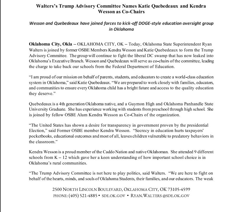 wsuares's tweet image. ❗️INBOX- 2 of the 3 Board of Ed members just booted by @GovStitt are now named as co-chairs of @RyanWaltersSupt's "Trump Advisor Committee," which he describes as a DOGE-style education oversight group. #oklaed @OKCFOX
