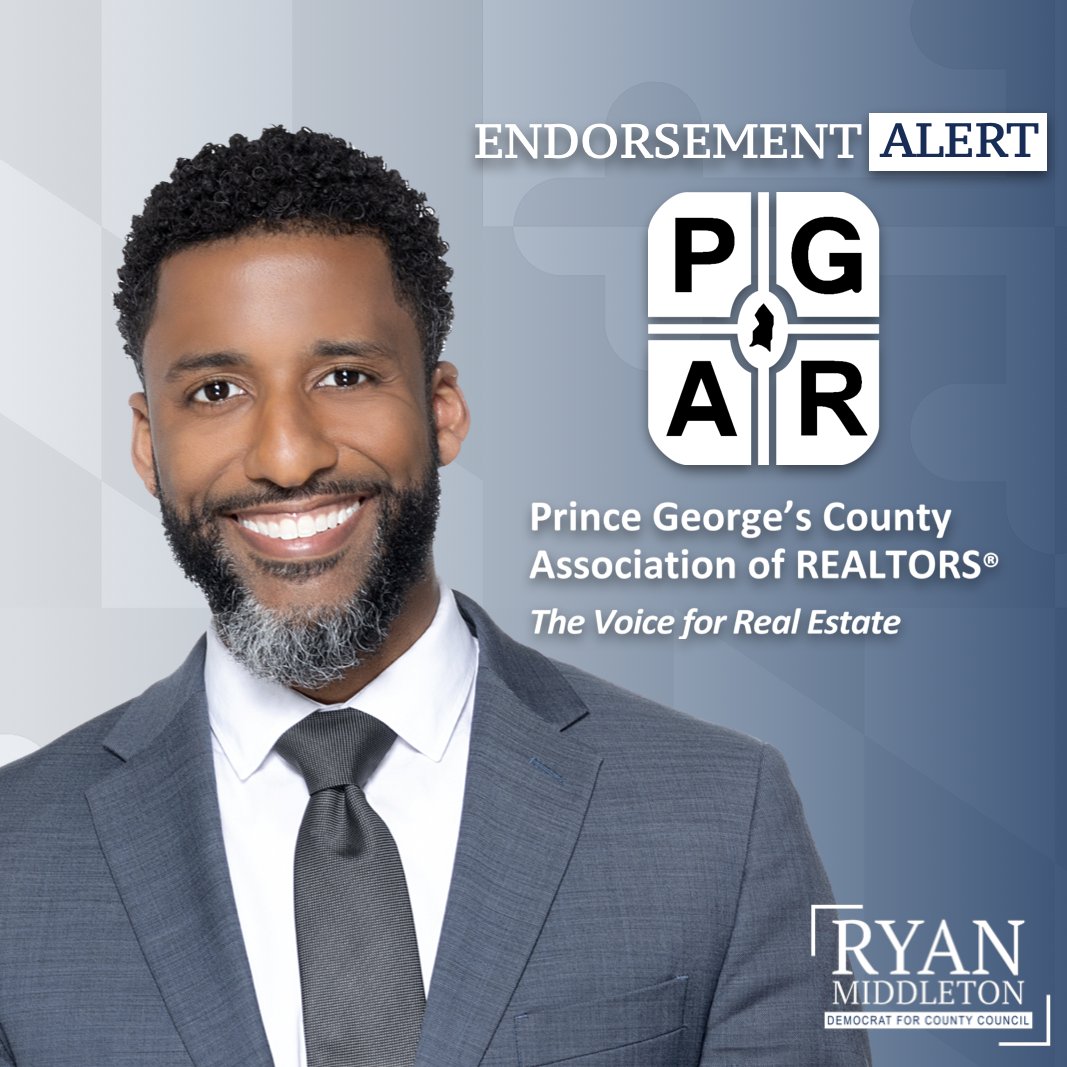 RyanEMiddleton's tweet image. I'm honored to be endorsed by the County Association of REALTORS®. Housing and homeownership are critical to building generational wealth, and I’m committed to policies supporting affordable housing and responsible development.
#TeamRyan #REALTORS #PrinceGeorgesCounty #District5