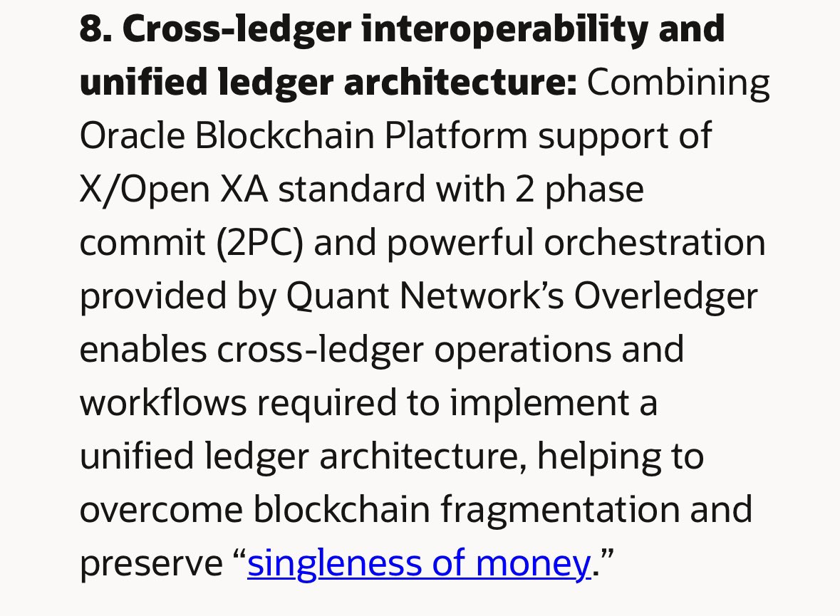 GregLuntX's tweet photo. The $QNT-Oracle partnership has been quiet for a while.

Not anymore.

In a massive blog post, Oracle confirmed Overledger is acting as the interoperability layer of their Unified Ledger Architecture.

RWAs
Bonds
CBDCs
Stablecoins
All Digital Money
    
They even linked $QNT to the BIS.

If you don’t see where this is going, I can’t help you.