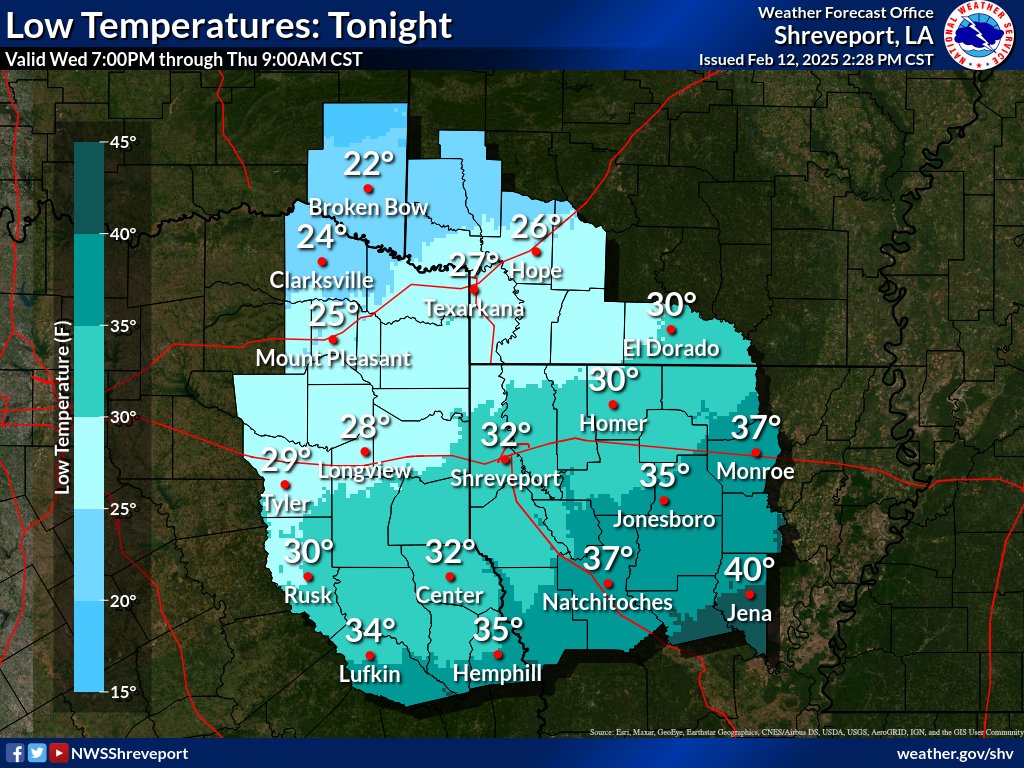 Behind the passing cold front, the ArkLaTex will see a return to near or sub-freezing conditions, as temperatures will tumble into the 20s northwest to 30s southeast under gradually clearing skies.