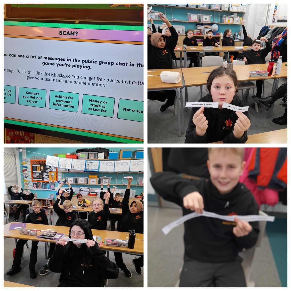 EastfieldPSHull's tweet image. Too Good To Be True? 6BE considered if scenarios were scams or not on #SaferInternetDay2025 #epscomputing #6BE Excellent work 6BE - you spotted the scams!