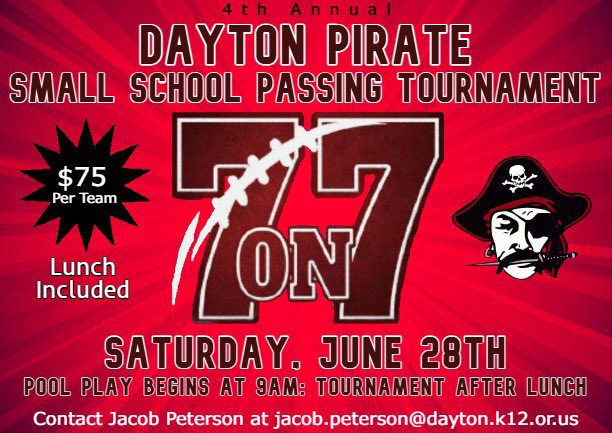 The date is set for the 4th annual Small School 7on7 Tournament at Dayton High School on Saturday, June 28th. LOOKING FOR TEAMS TO JOIN! Spots fill up quickly each year. We will take up to 12 schools, and 3 are already taken. Reach out if you want to reserve a spot!