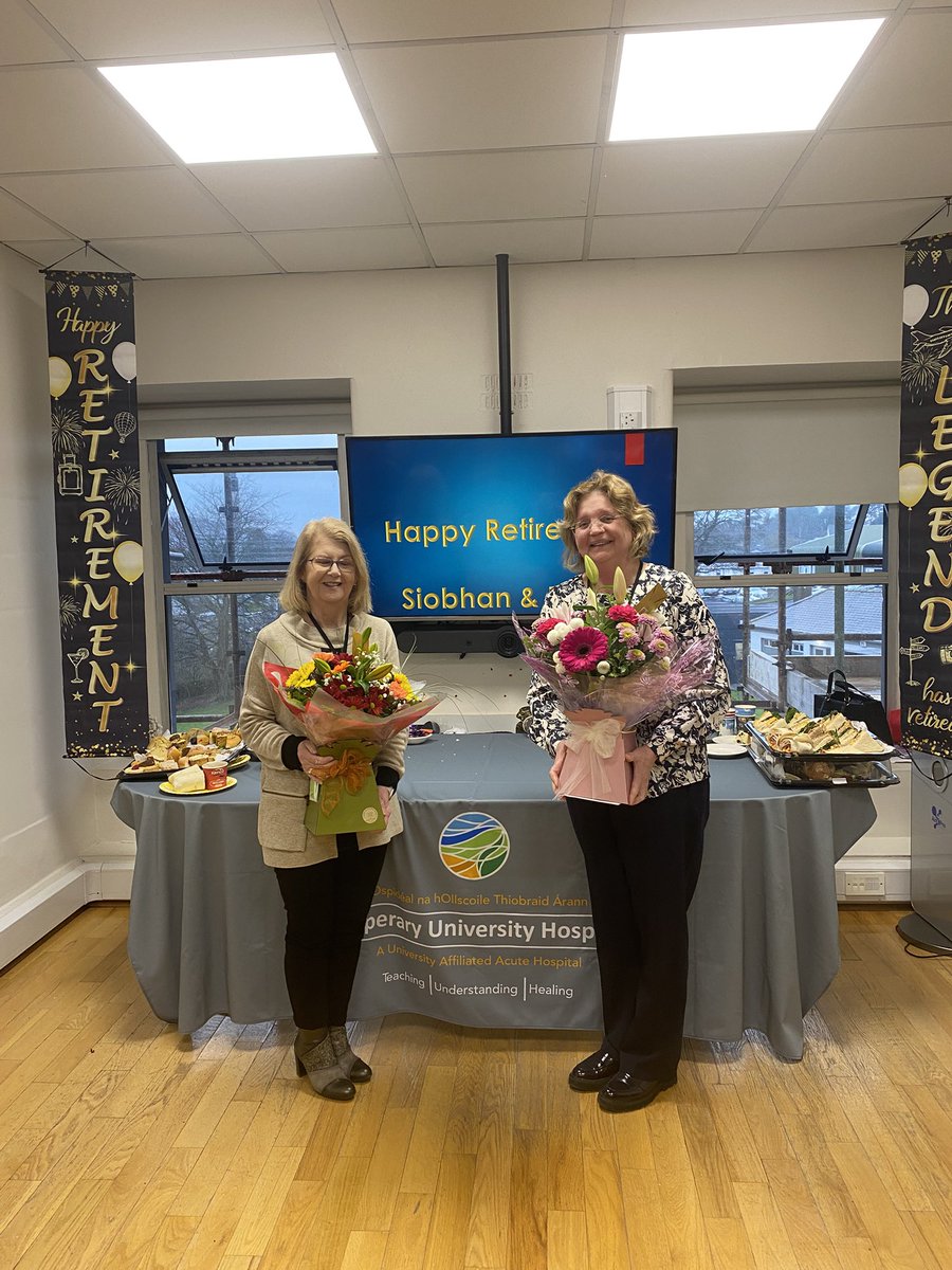 TipperaryUH's tweet image. Happy Retirement to Siobhan and Patsy
Between them they have provided 88yrs service to the hospital .Thank you for your commitment and best wishes from all in TippUH @HSEDubSouthEast @HSELive @HSE_HR