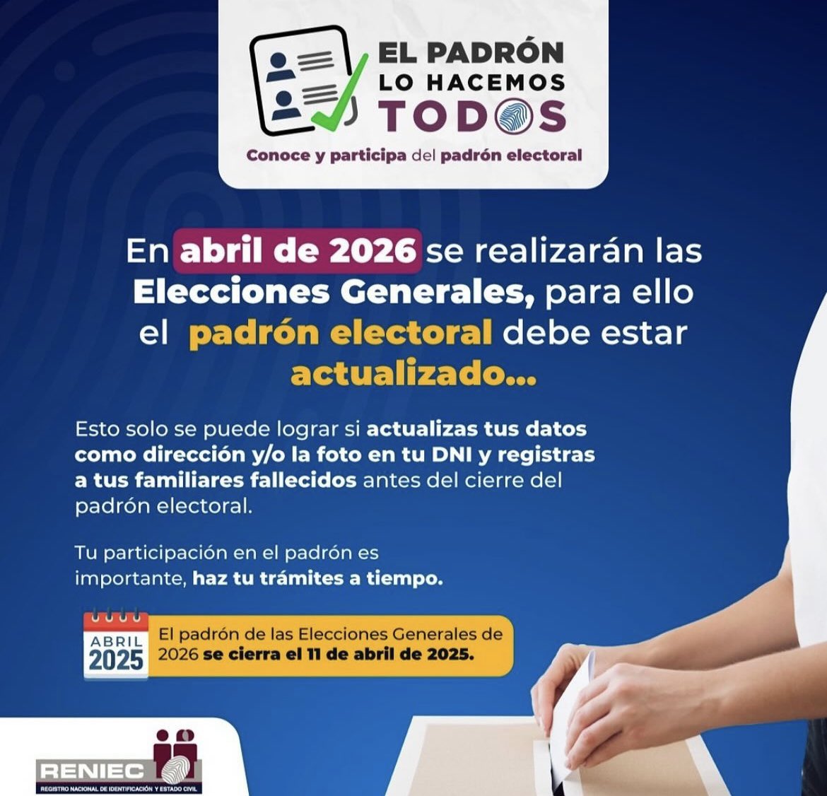 PeruDominicana's tweet photo. CIERRE DEL PADRÓN ELECTORAL Y FECHA LÍMITE PARA TRÁMITES DE DNI

Se informa a la comunidad peruana que RENIEC ha señalado como fecha máxima el 12 de abril de 2025 para realizar trámites de cambio de domicilio y nuevas inscripciones con miras a las Elecciones Generales 2026. https://t.co/13uGJXKvUr
