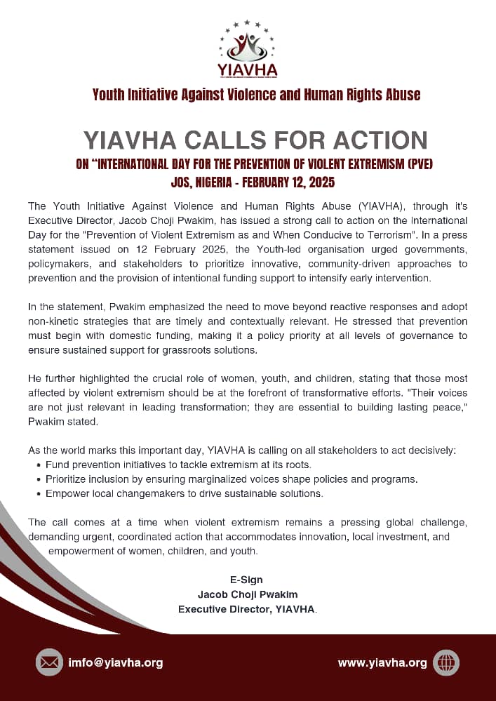 YIAVHA Calls for Action on International Day for the Prevention of Violent Extremism 2025. 

Preventing violent extremism starts with innovation, investment, and inclusion!
 #InvestInPrevention #EmpowerLocalVoices #WorldPVE #calltoaction #yiavha