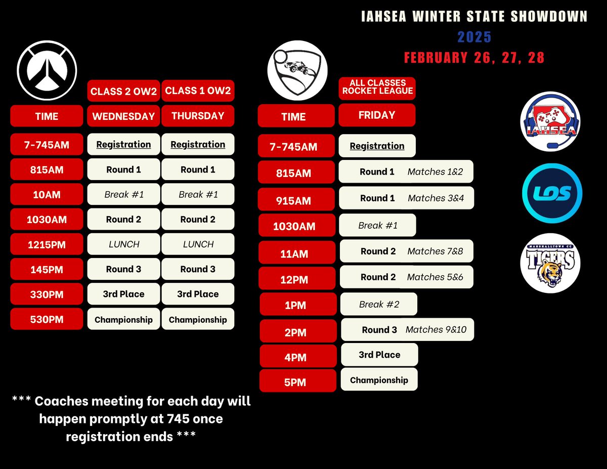 IAHSEAofficial's tweet photo. Schedule for the Day Of Events at the State Showdown!!! Brackets for Play-in Matches coming soon!!! #iahsea #mechdyne #undeniablydairy #nationalguard #bytespeed https://t.co/L9scEbJdkT