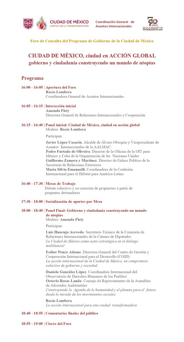 📢 Les invitamos a seguir el Foro de Consulta "Ciudad de México, ciudad en acción global: gobierno y ciudadanía construyendo utopías" que tendrá lugar el 17 de febrero a partir de las 4 pm en la Coordinación General de Asuntos Internacionales de la Ciudad de México