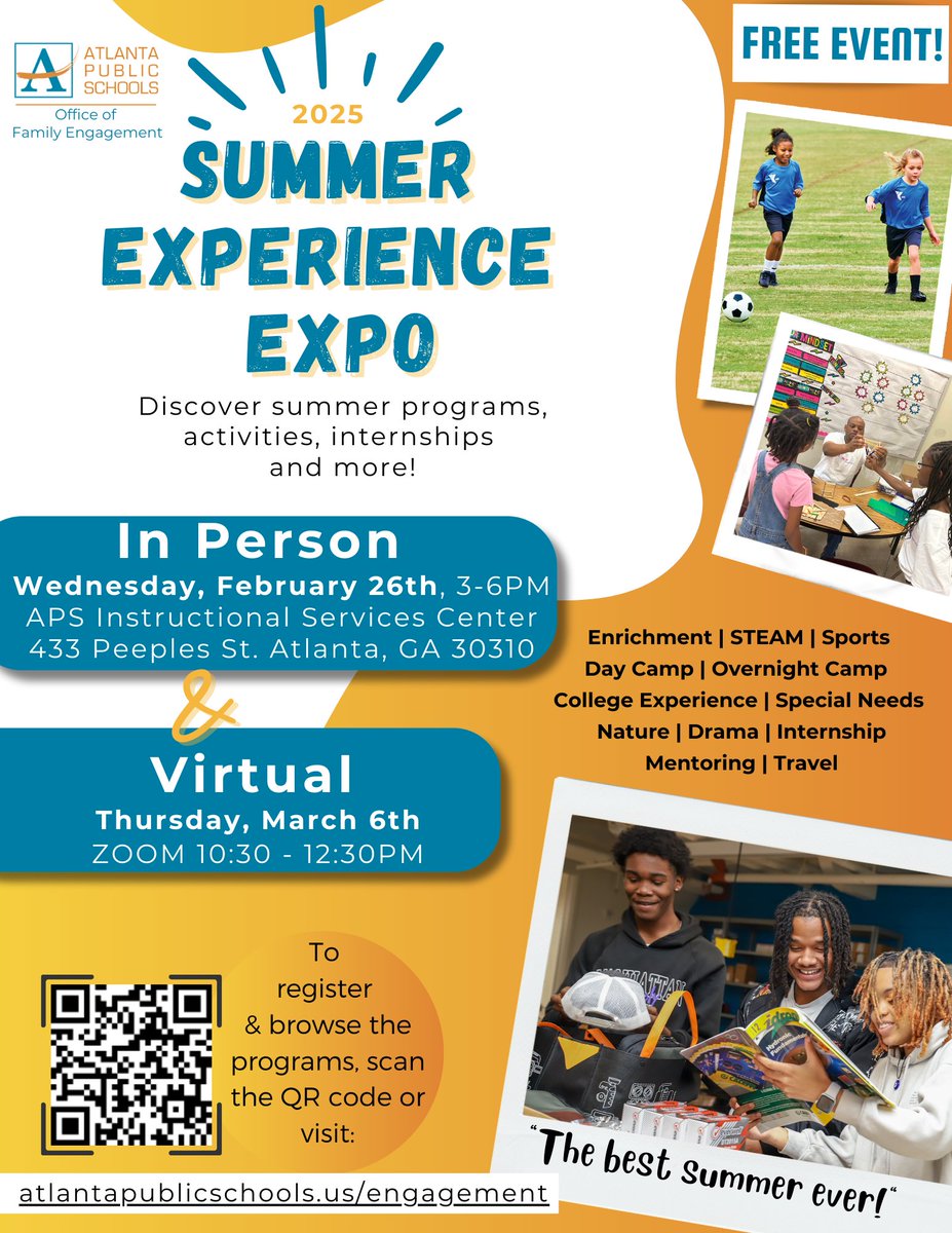 Please share the invitation below with your network of staff members and especially, with parents and caregivers of our APS students.

The APS Summer Experience Expo is a showcase of local programs who engage students during the summer months.