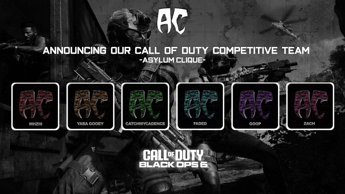 Our CoD roster for the first season in <a href="/ExhaleLeague/">Exhale Competitive League</a> been practicing with these boys  and can’t wait to rep <a href="/TheAsylumClique/">Asylum Clique</a> in the league #TheClique
Starters:
<a href="/Mhziii1/">Asylum | Mhziii</a> 
<a href="/TheyHateFaded/">Fadedᵃᶜ</a> 
<a href="/ShortnutGG/">🟣GOOP 🟢</a> 
<a href="/ozachz/">Zach</a>
Subs:
<a href="/CatchMyCadence/">Greg</a> 
<a href="/Matthew85514487/">Asylum | Yaba Gooey</a>