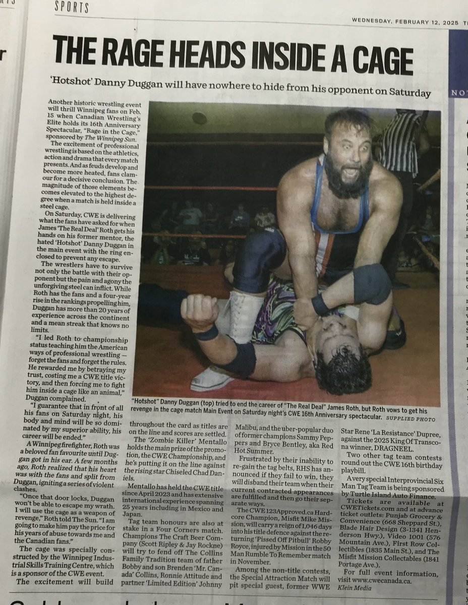 Make sure to stop by a newsstand today to pick up a copy of The Winnipeg Sun for a full page feature &amp; preview on CWE’s 16th Anniversary Spectacular going down in Winnipeg THIS Saturday night!