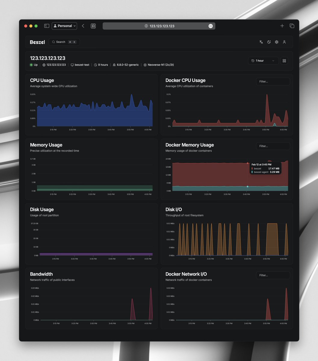 ImSh4yy's tweet image. I just came across Beszel.

It&apos;s an open-source, lightweight server monitoring tool built on top of PocketBase that&apos;s really easy to self-host.

It also looks surprisingly good!